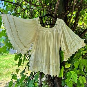 Vintage 70’s gauze cotton angel bell sleeve boho mini dress / top. Crochet.